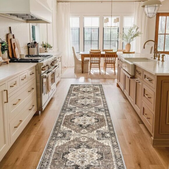 New 2x10 Beige Kitchen Runner Rug, Washable, Non-Slip, Soft Distressed Floor Mat